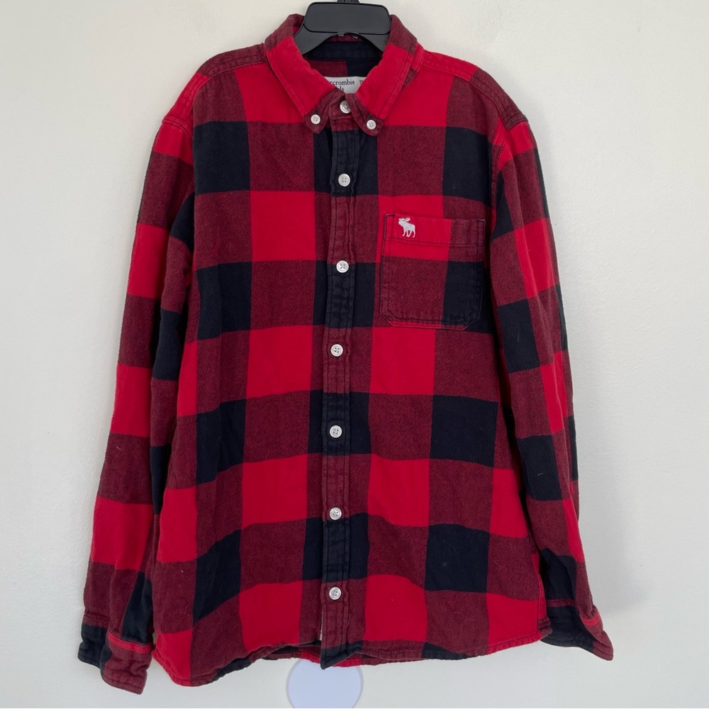 Abercrombie Kids Red and Plaid Flannel Long Sleeve Button Up Shirt 13/14